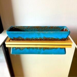 Teal Ceramic Succulent Planter – 10” with Wood Base